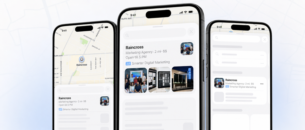 Apple Maps Ads showing a promoted Raincross business listing across three iPhone search and map views