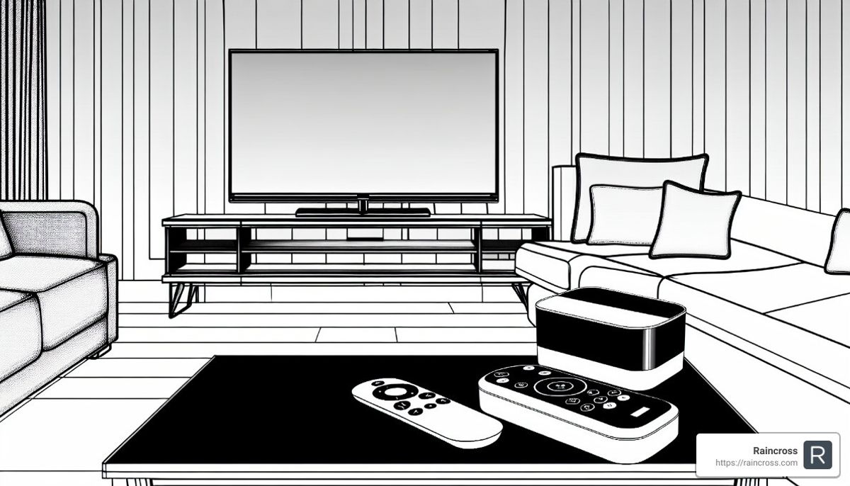 Line-art illustration of a living room with a television, streaming box, and two remotes