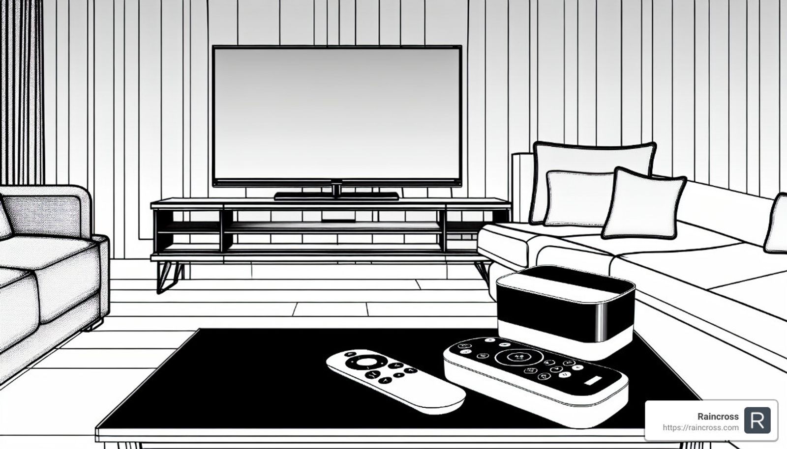 Line-art illustration of a living room with a television, streaming box, and two remotes