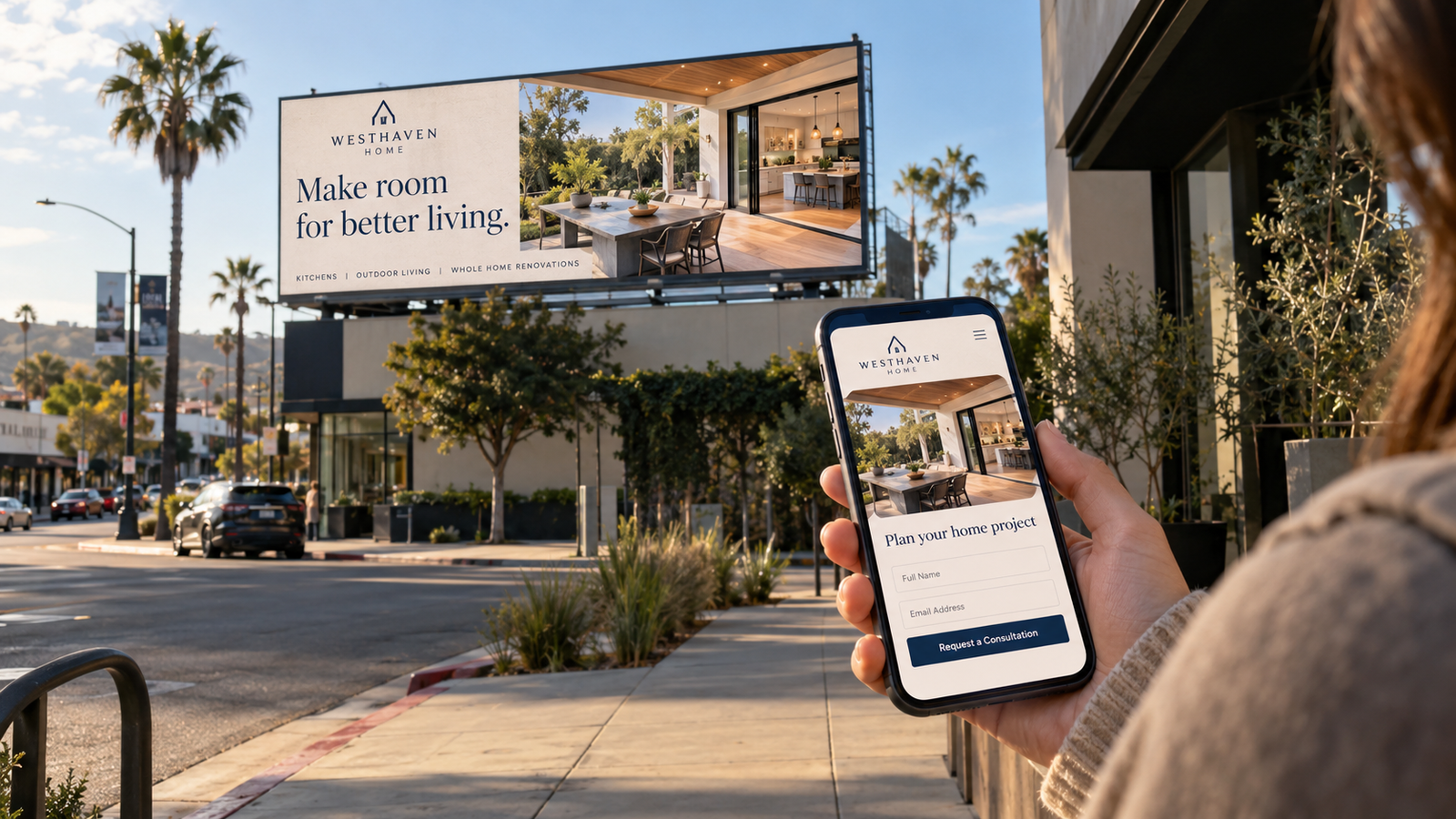 Westhaven Home billboard beside a phone displaying a matching home renovation consultation form