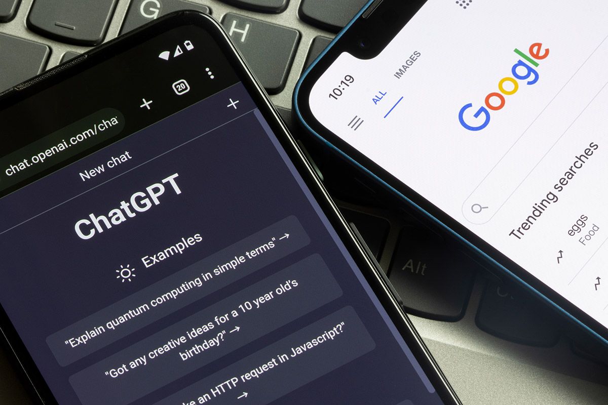 Two phones side by side showing the ChatGPT interface and the Google search homepage
