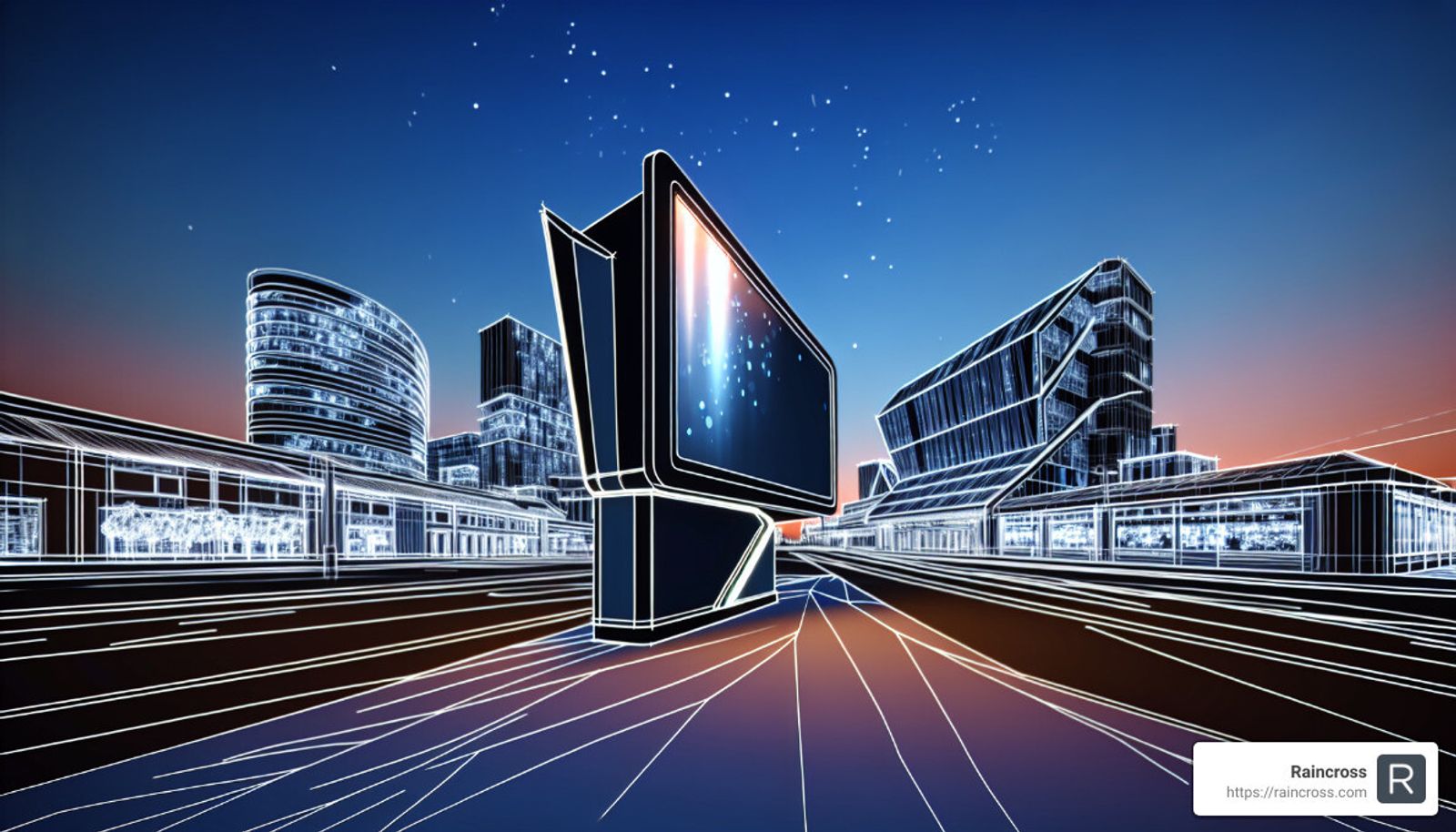 Line-art illustration of a digital billboard on a city street at dusk