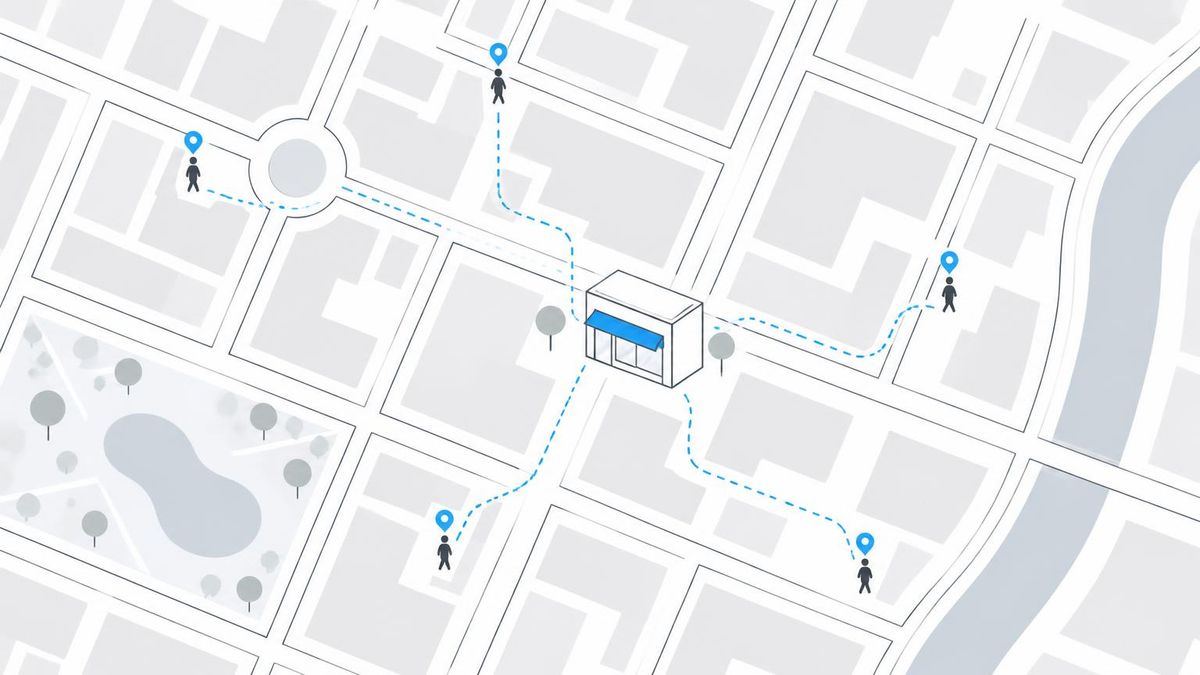 Abstract map showing advertising signals connecting people to physical business locations for footfall measurement
