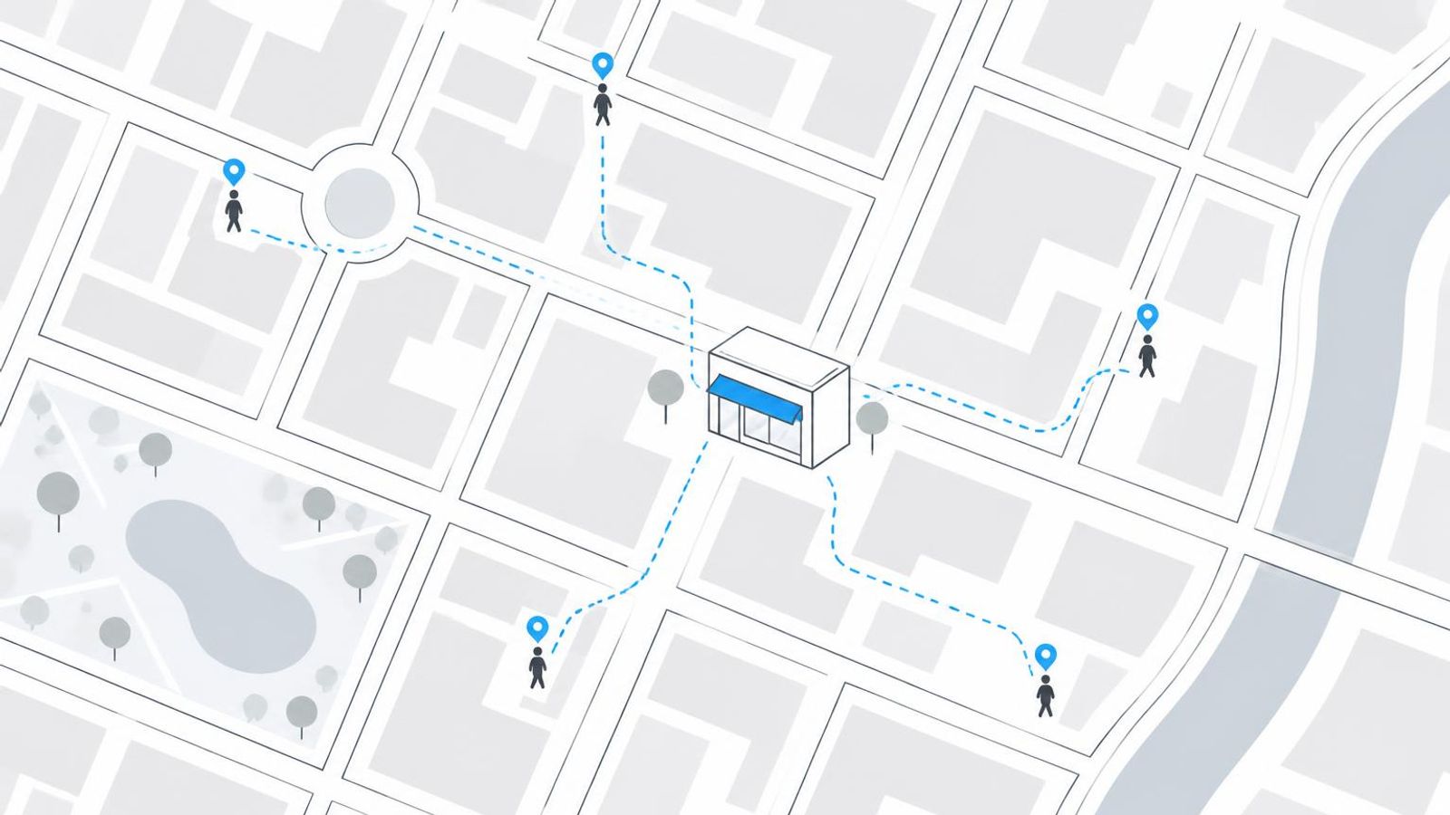 Abstract map showing advertising signals connecting people to physical business locations for footfall measurement