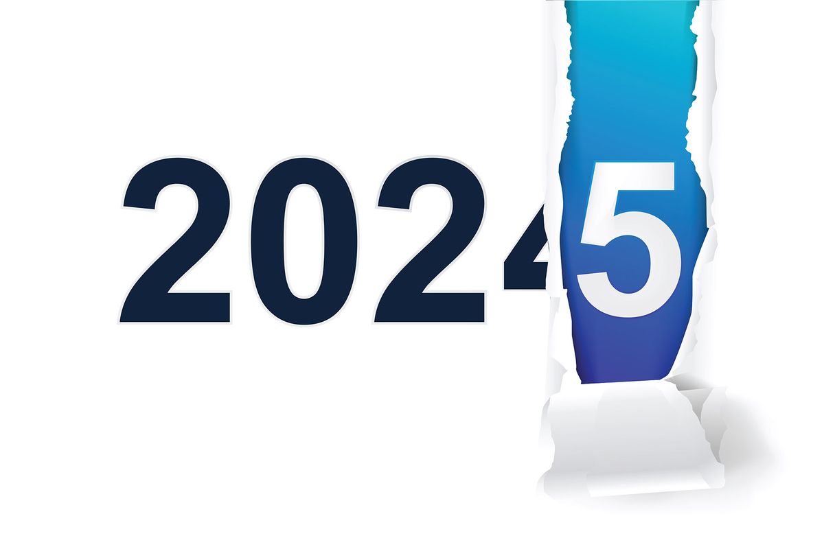 Torn paper reveal turning the year 2024 into 2025 in blue gradient