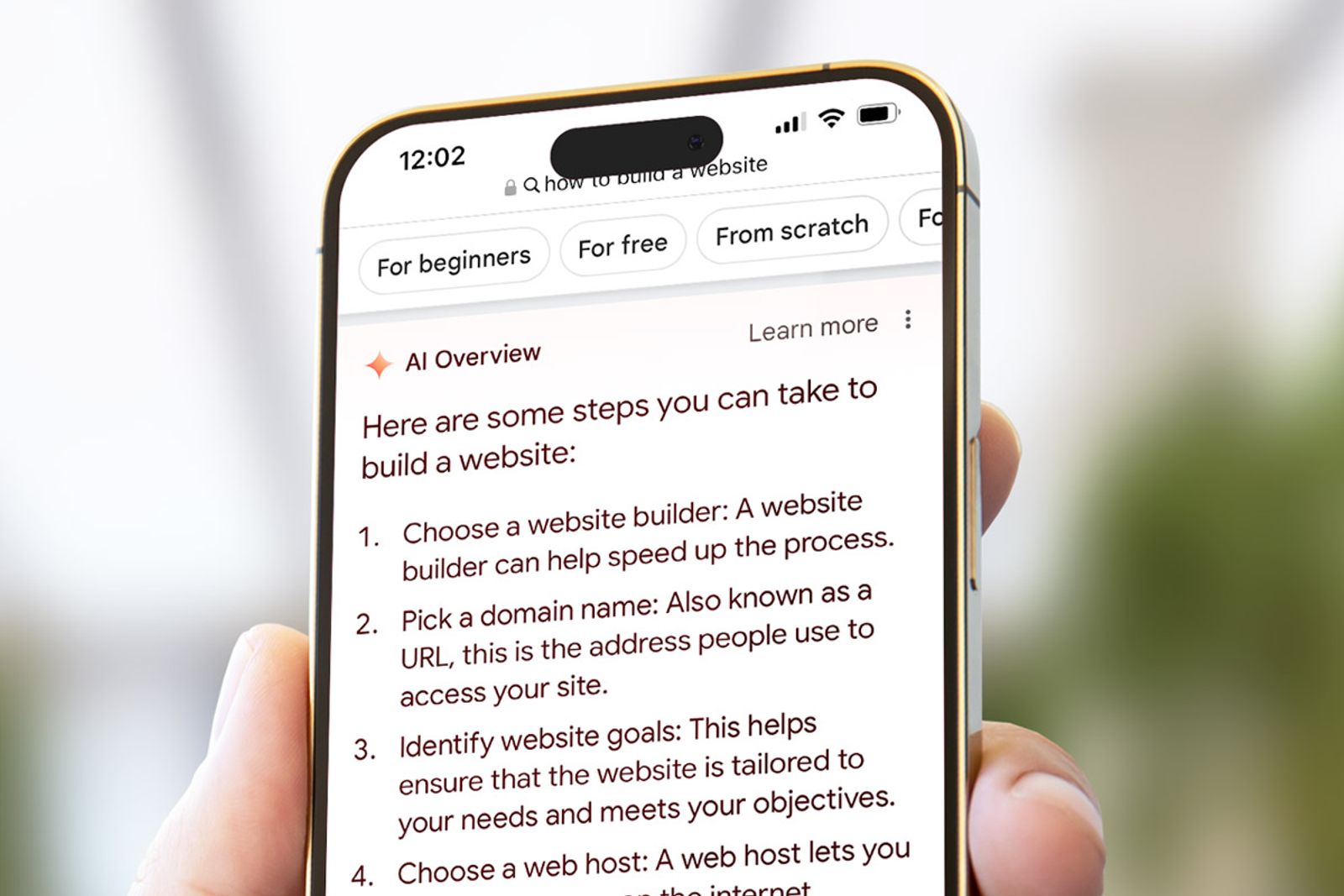 Smartphone showing a Google AI Overview answer panel above the standard search results