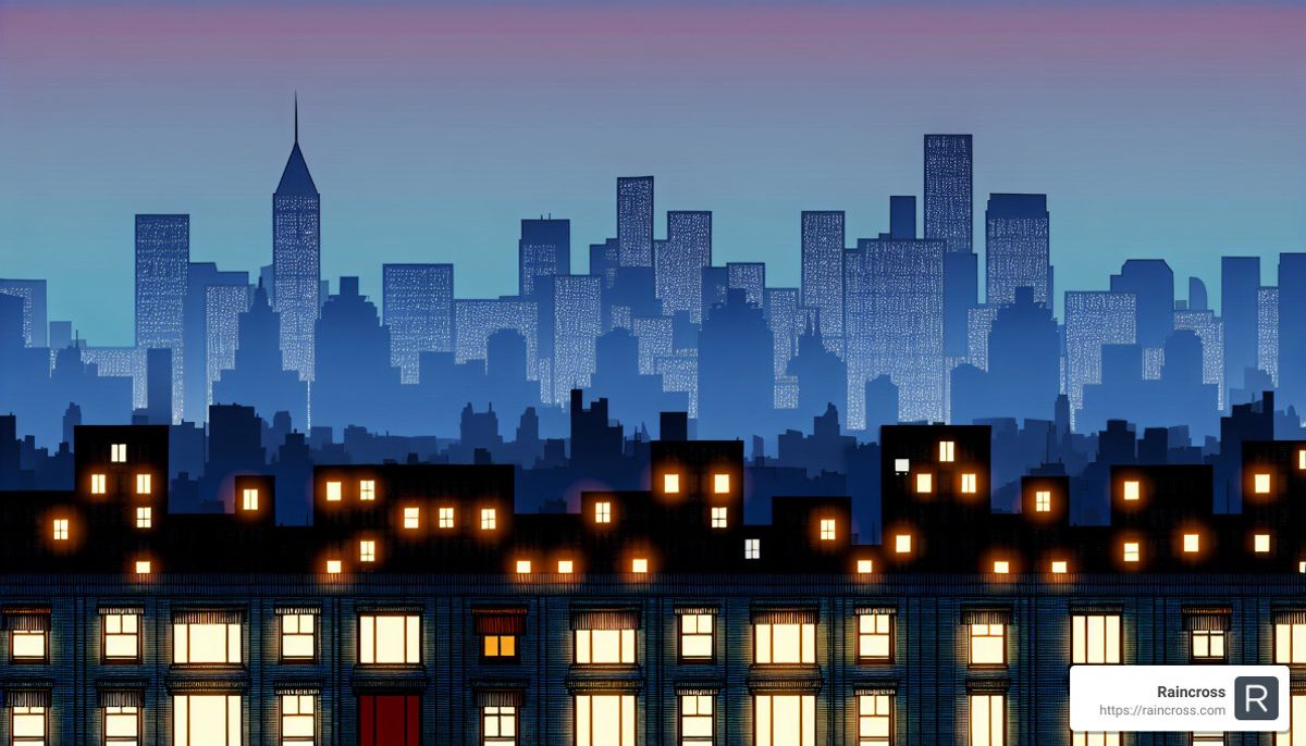 Illustrated city skyline at dusk with lit apartment windows in the foreground