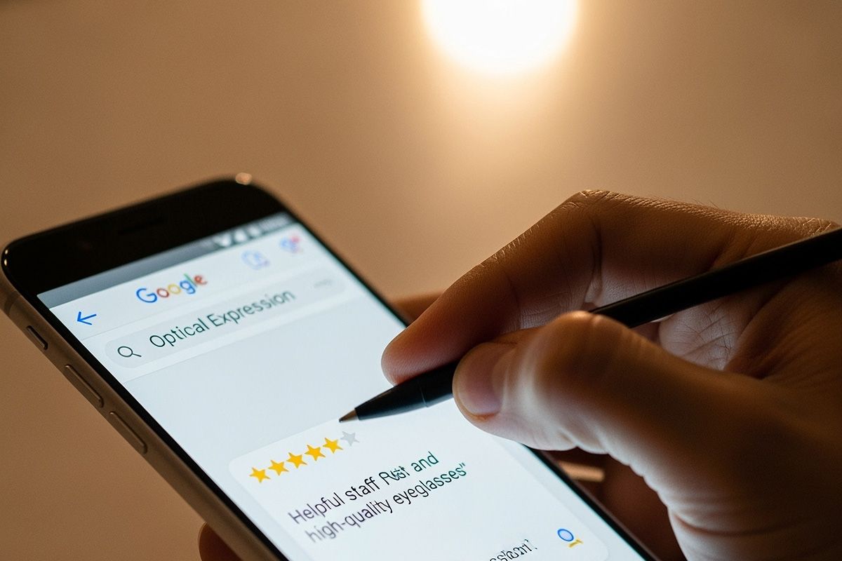 Hand using a stylus on a phone showing a Google business listing with a star rating