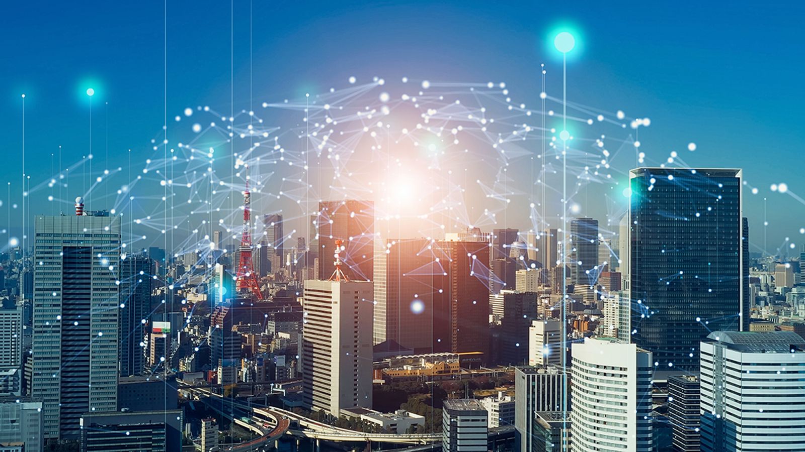Aerial city skyline with glowing network connections, representing data-driven geofencing campaigns