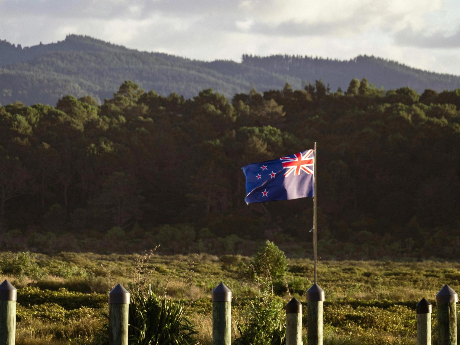 Neuseeland-Flagge weht vor grüner Landschaft mit Wald und Hügeln im Hintergrund.