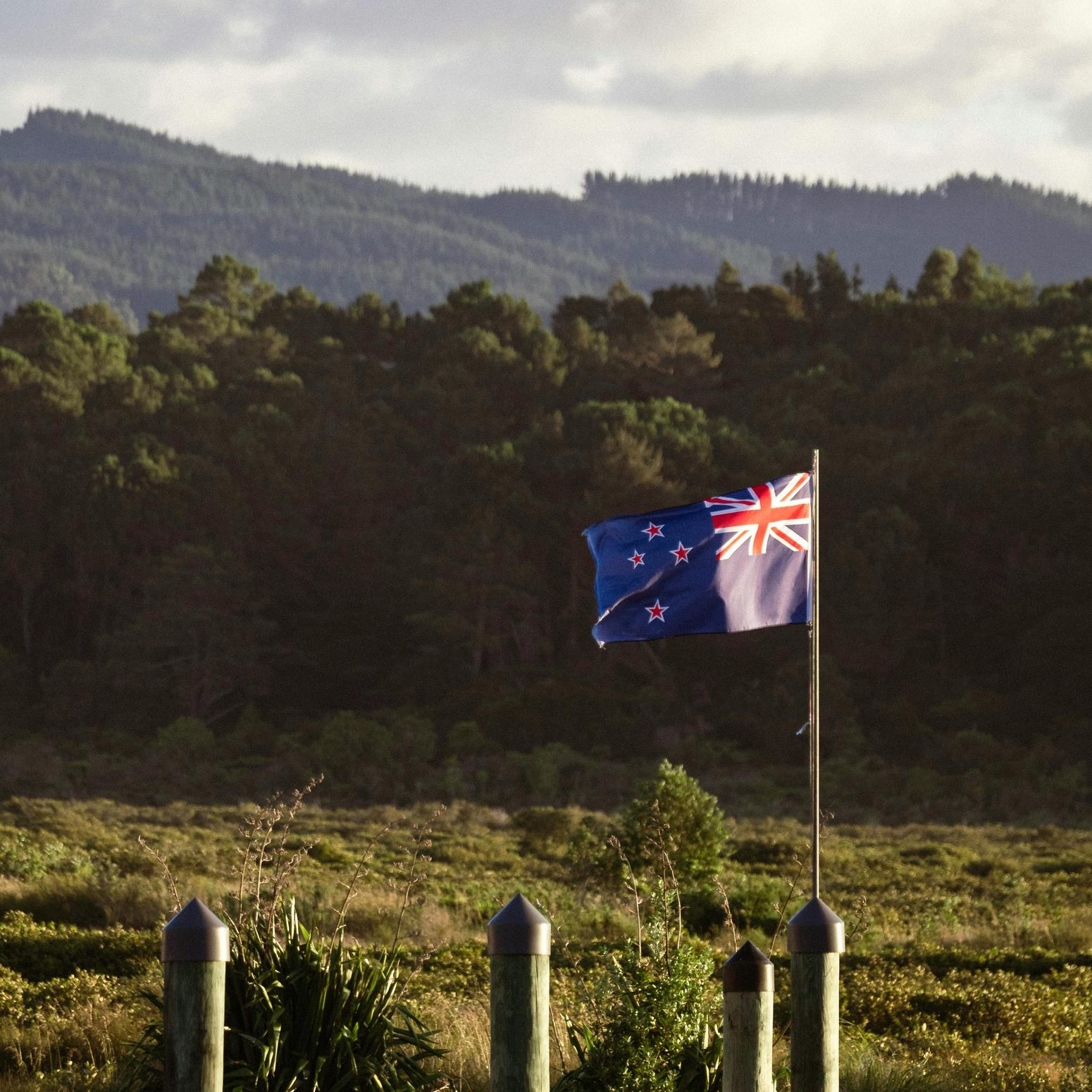 Neuseeland-Flagge weht vor grüner Landschaft mit Wald und Hügeln im Hintergrund.