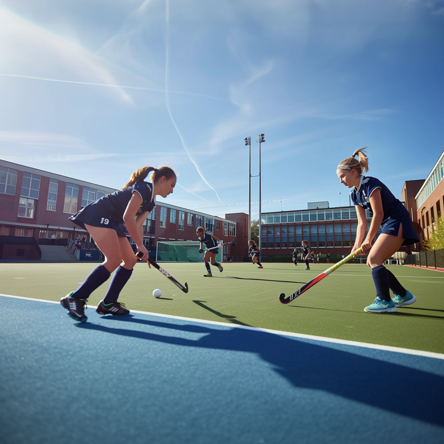 Zwei Schülerinnen spielen Hockey auf einem Außensportplatz unter blauem Himmel.