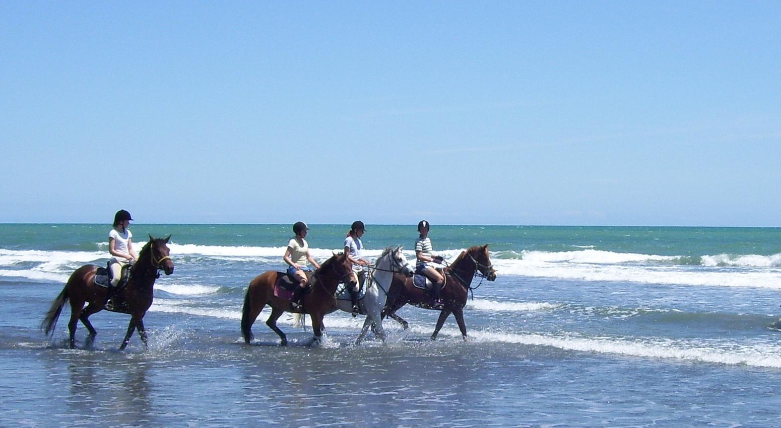 Mädchen reiten auf Pferden im Meer