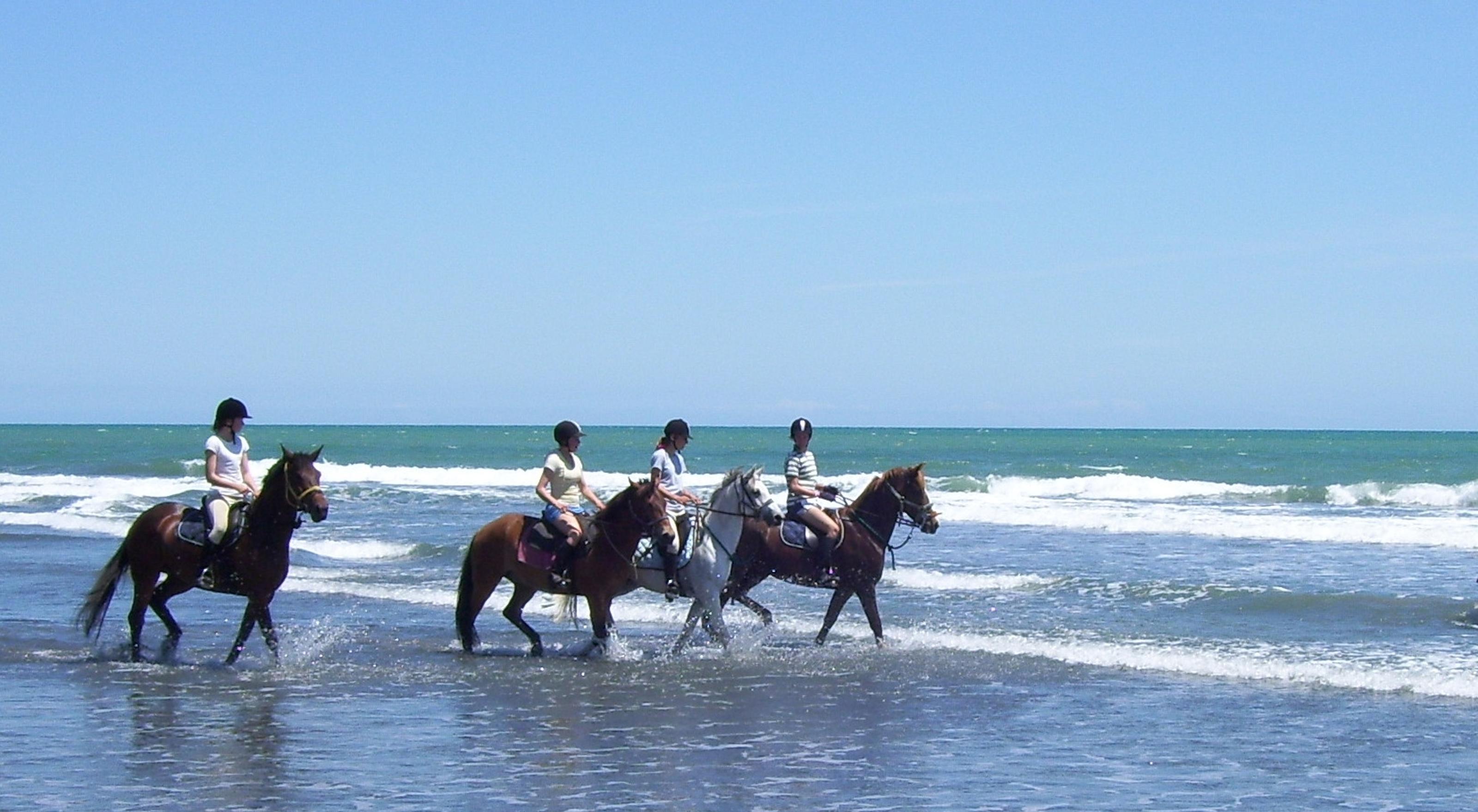 Mädchen reiten auf Pferden im Meer