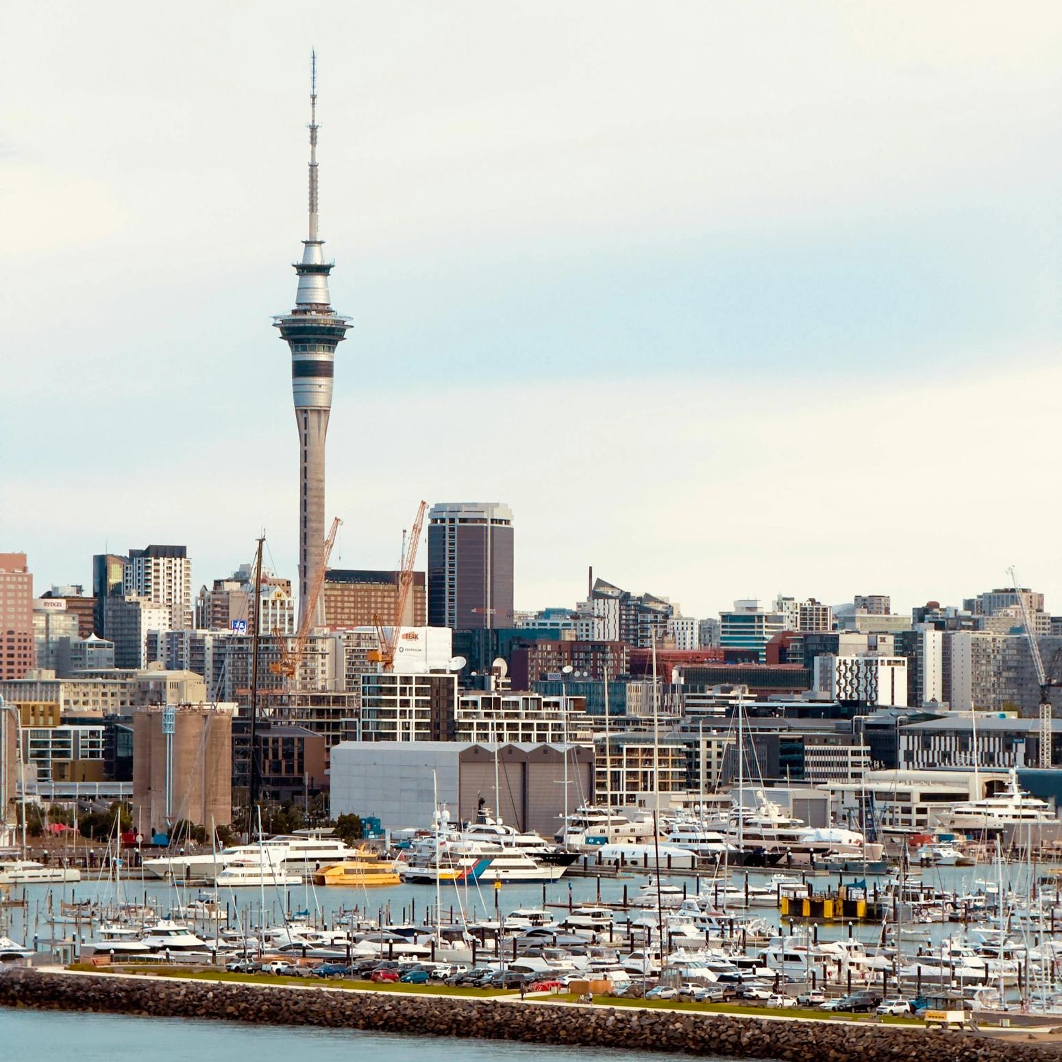 Skyline von Auckland mit dem Sky Tower und Hafen voller Yachten