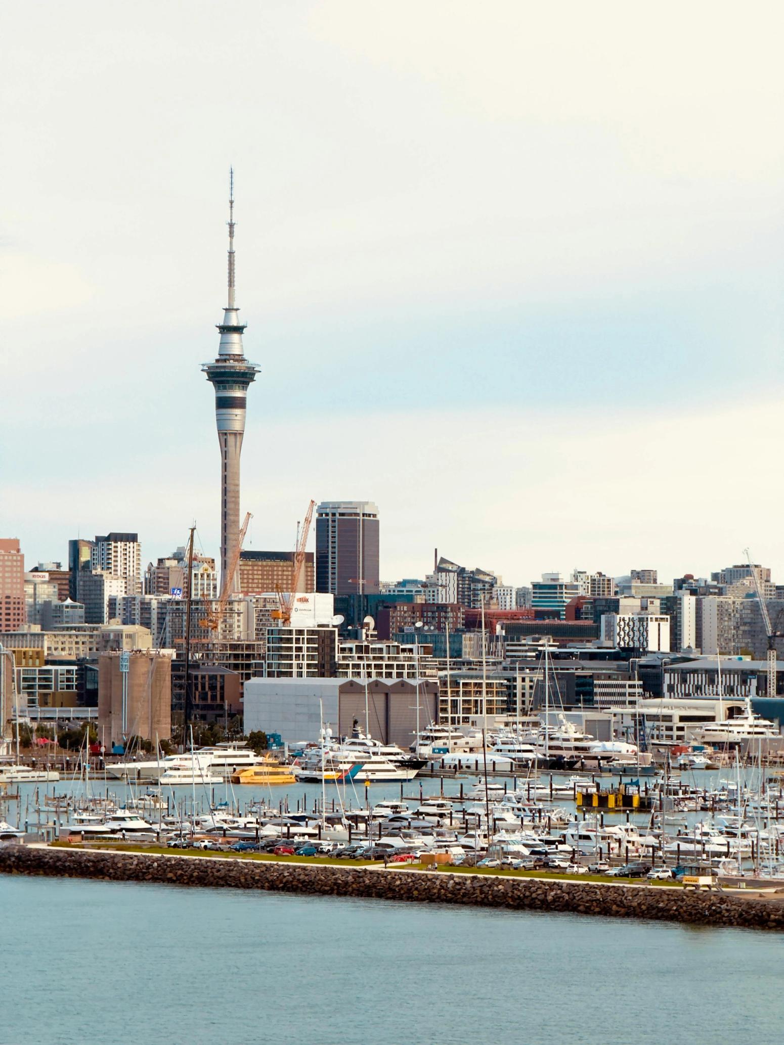 Skyline von Auckland mit dem Sky Tower und Hafen voller Yachten