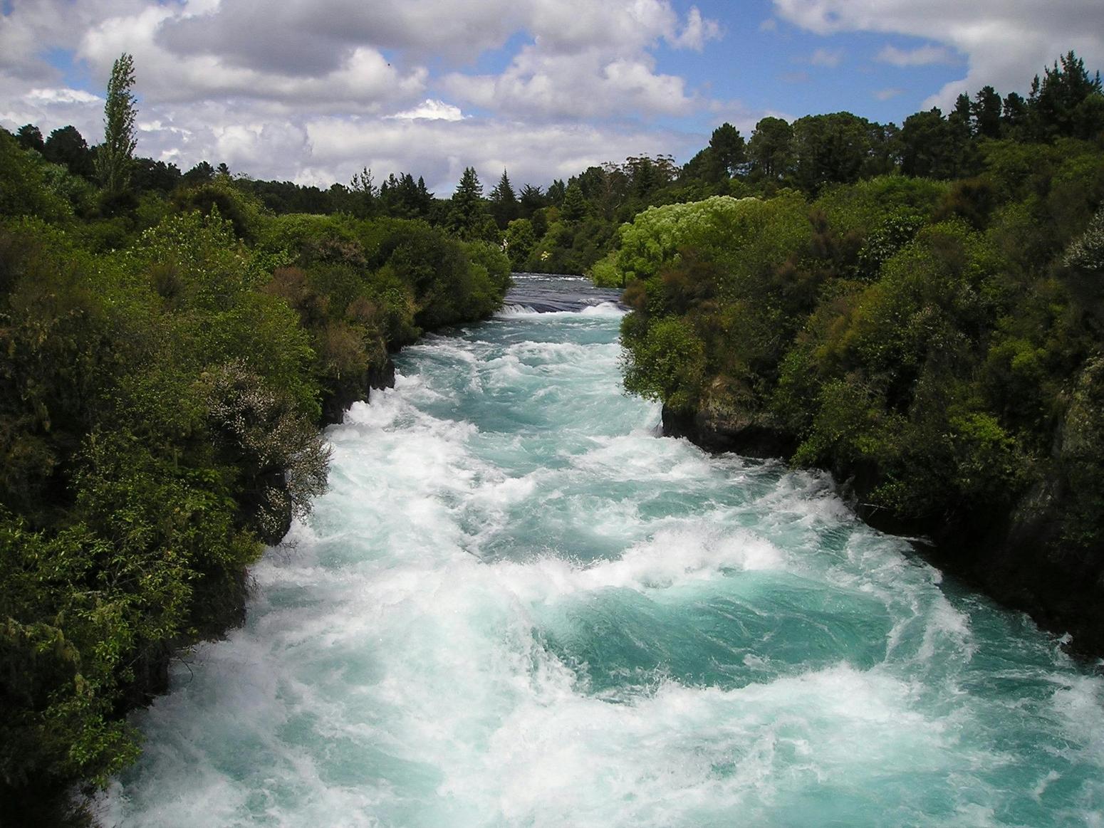 Reißender Fluss mit türkisfarbenem Wasser, umgeben von dichter Vegetation