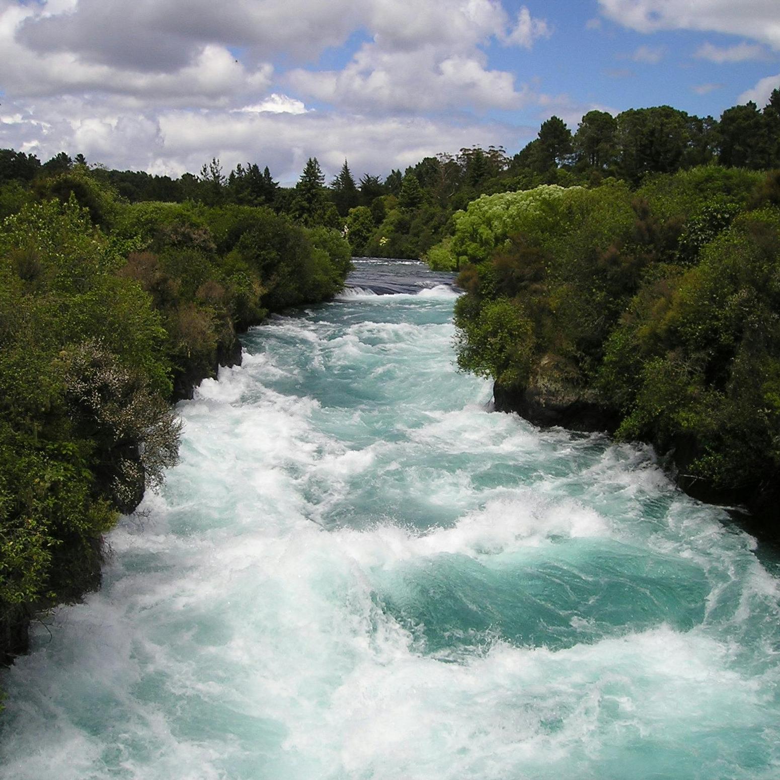 Reißender Fluss mit türkisfarbenem Wasser, umgeben von dichter Vegetation