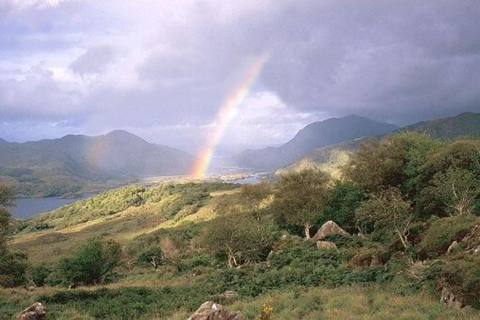 Beeindruckende Landschaft Irlands mit üppigem Grün und einem Regenbogen über den Hügeln – typische Natur der Grünen Insel.