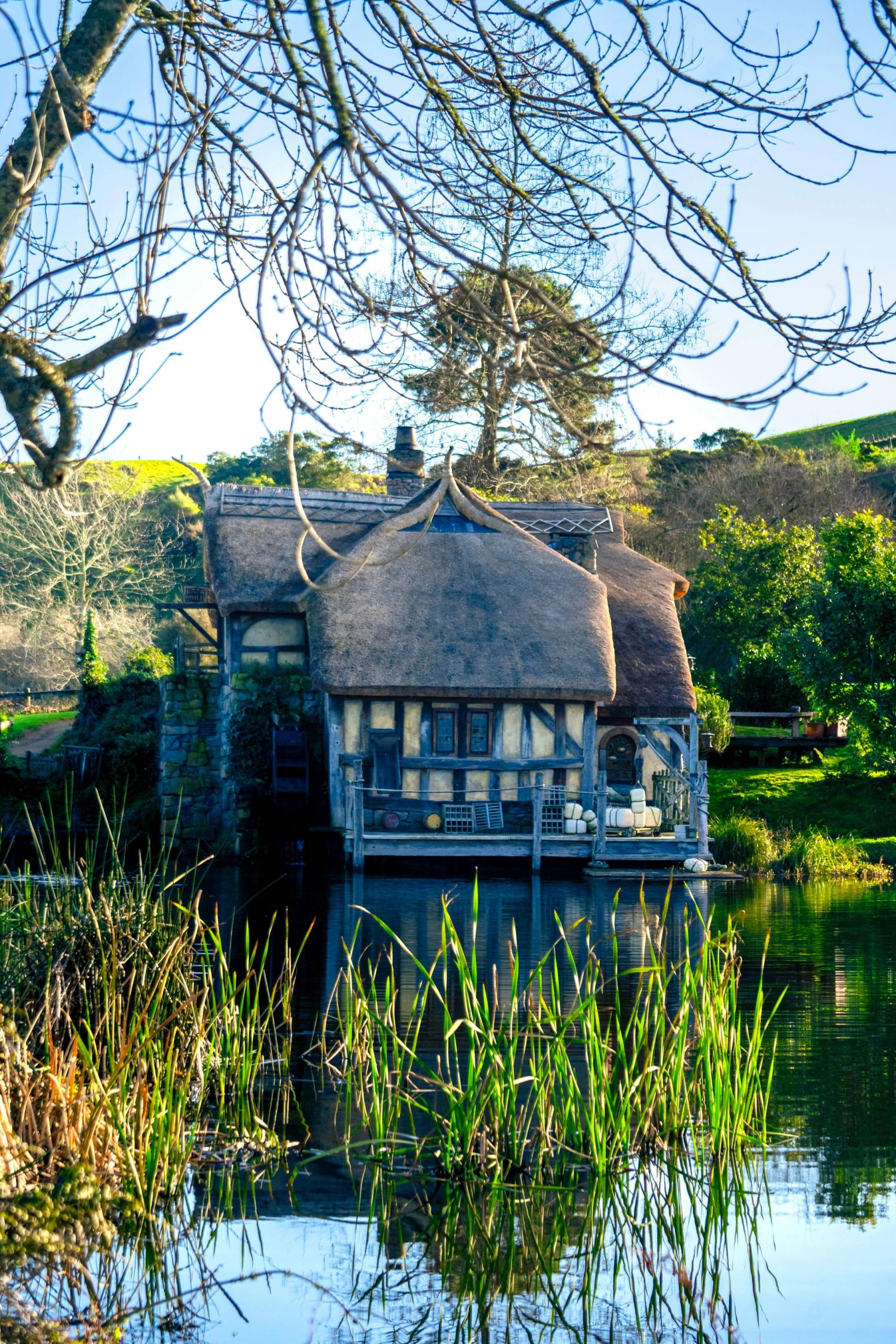 Reetgedecktes Haus am Wasser in Hobbiton, umgeben von Bäumen und Schilf