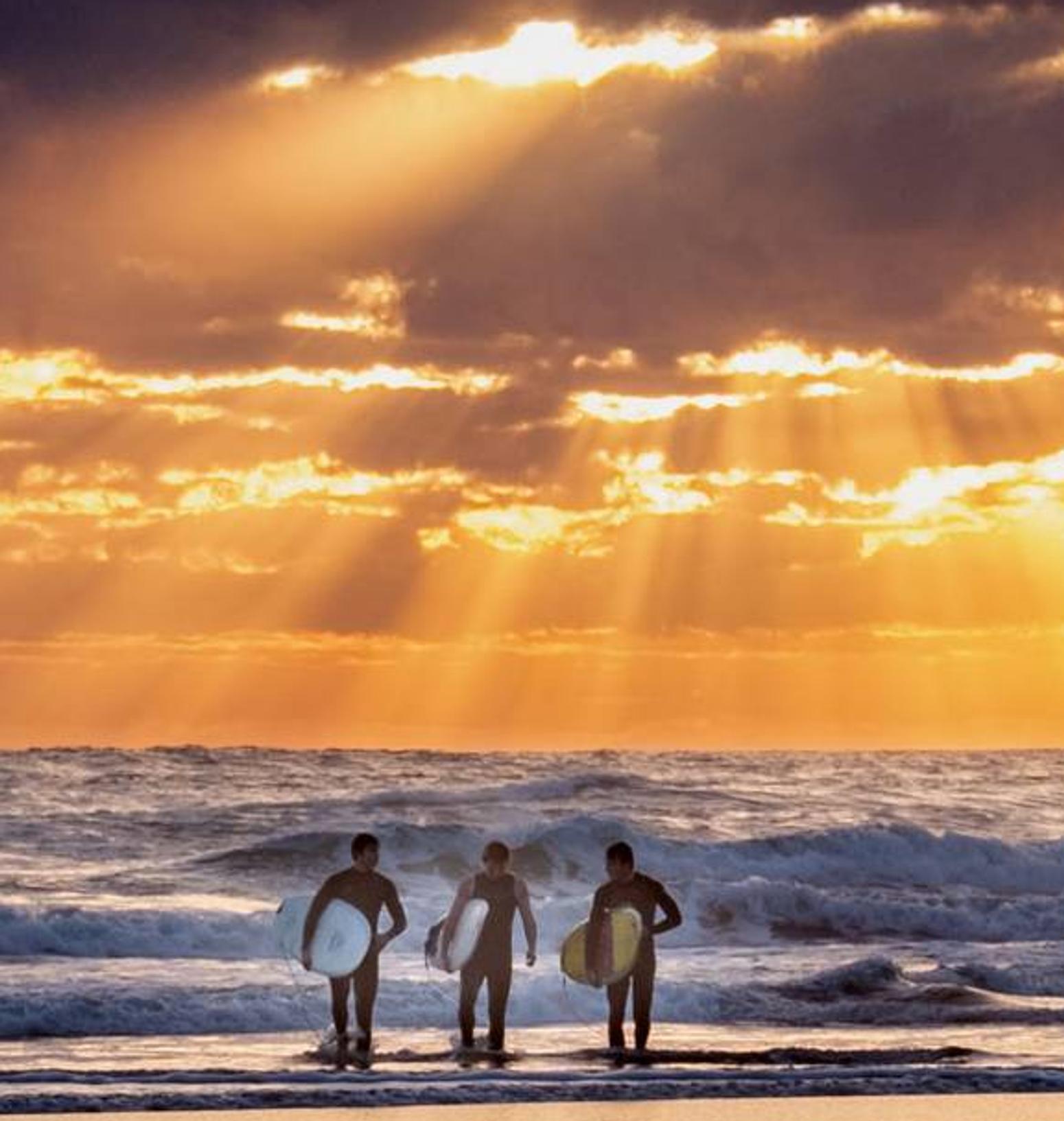 Drei Surfer die aus dem Wasser kommen