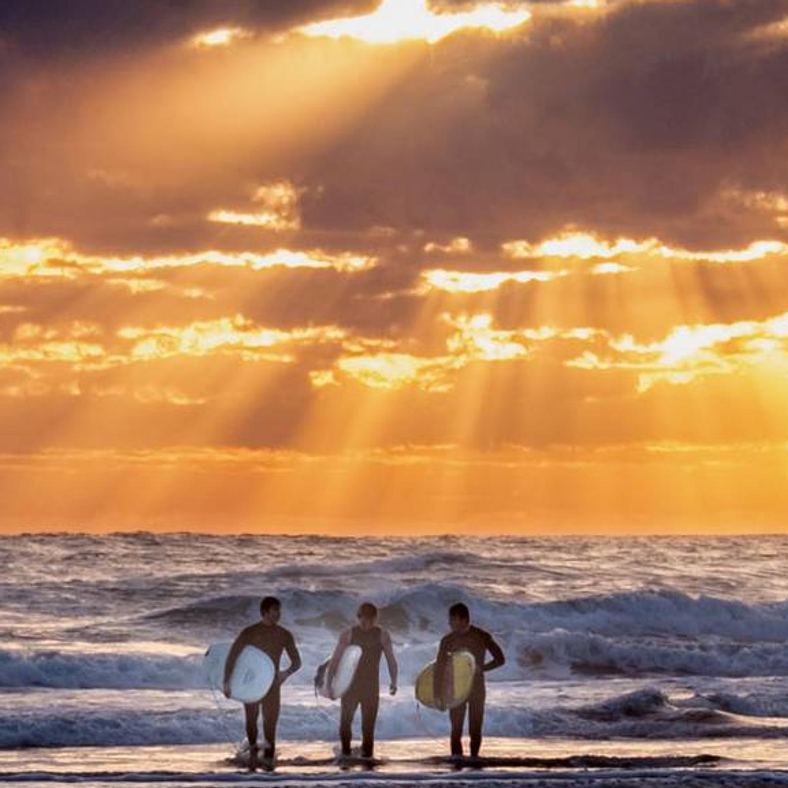 Drei Surfer die aus dem Wasser kommen