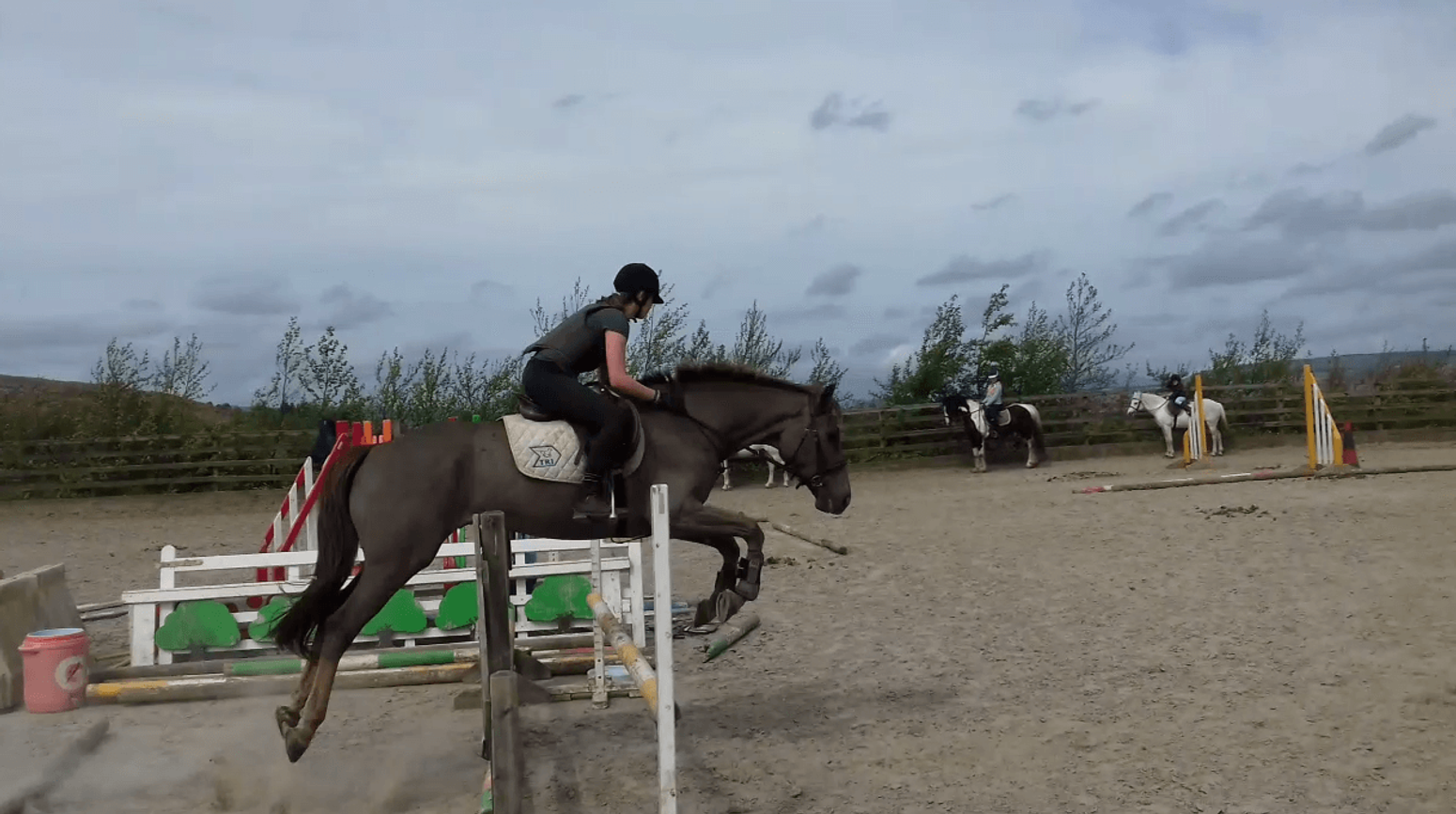 Leonie springt mit Pferd über Hindernis