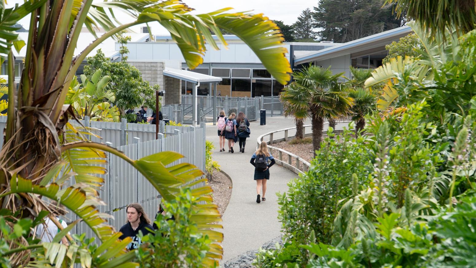 Whangaparaoa College Außengelände mit Schüler:innen und Palmen