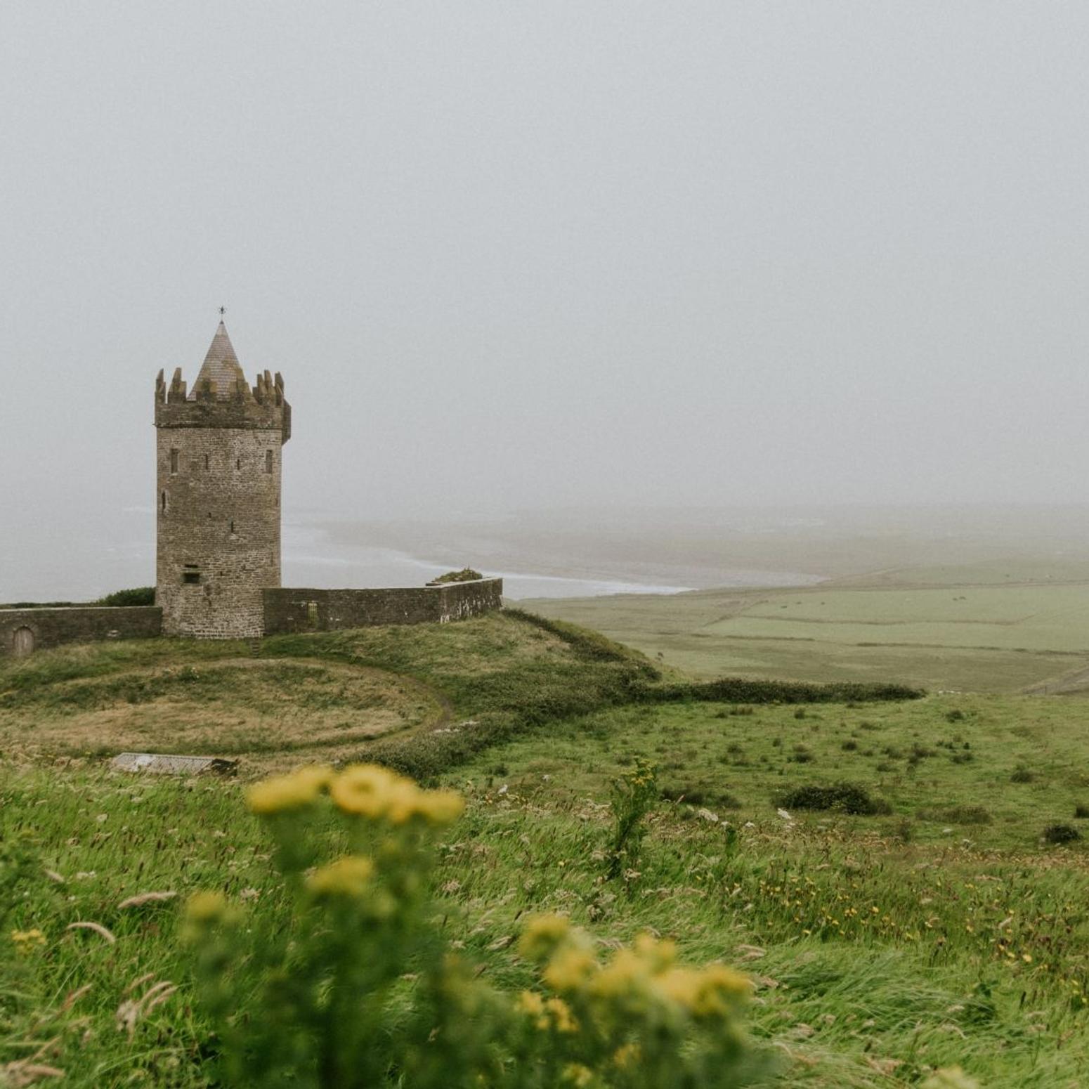 irische Weide mit einem Burgturm