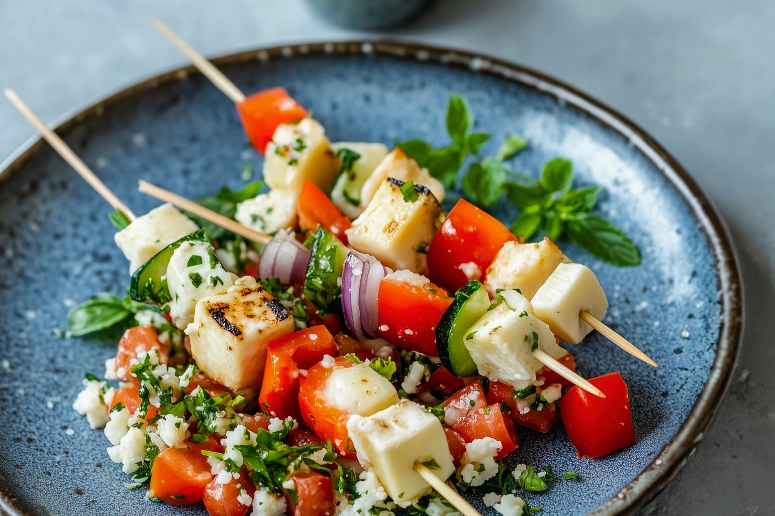 Brochettes de légumes croquants au fromage de brebis et chou-fleur