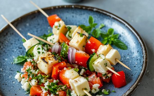 Brochettes de légumes croquants au fromage de brebis et chou-fleur