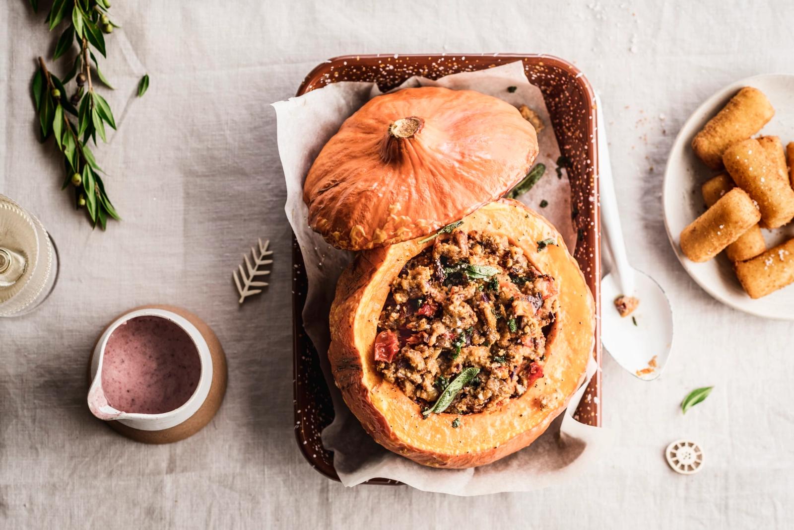 Courge farcie à la viande hachée et croquettes de pomme de terre