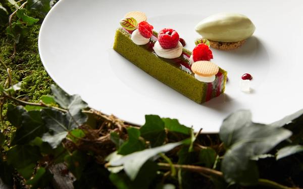 Financier et quenelle de glace à la pistache aux framboises