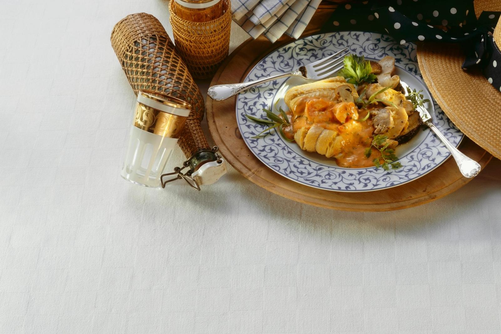 Lieu noir, cèpes et crevettes