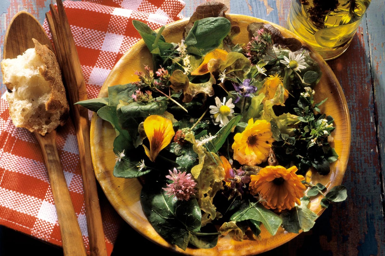 Salade printanière de jeunes pousses et de fleurs