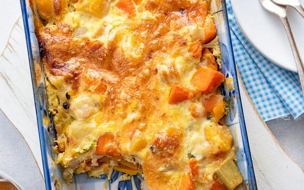 Gratin de légumes d’hiver à la patate douce, céleri, panais et carotte