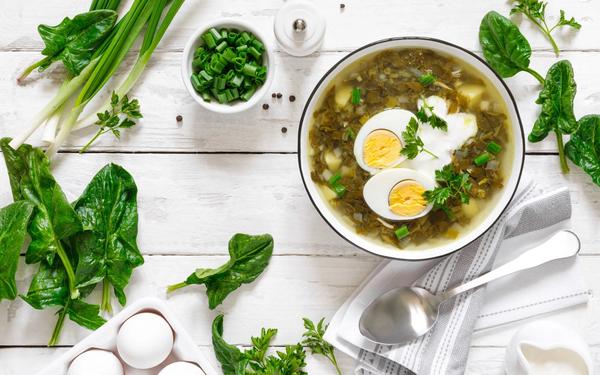 Soupe d'oseille verte et d'épinards avec œuf bouilli et crème
