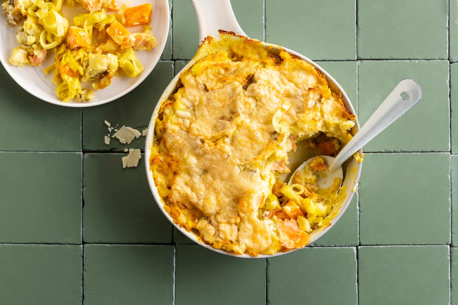 Parmentier au poireau, potiron et saumon fumé