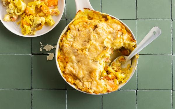 Parmentier au poireau, potiron et saumon fumé