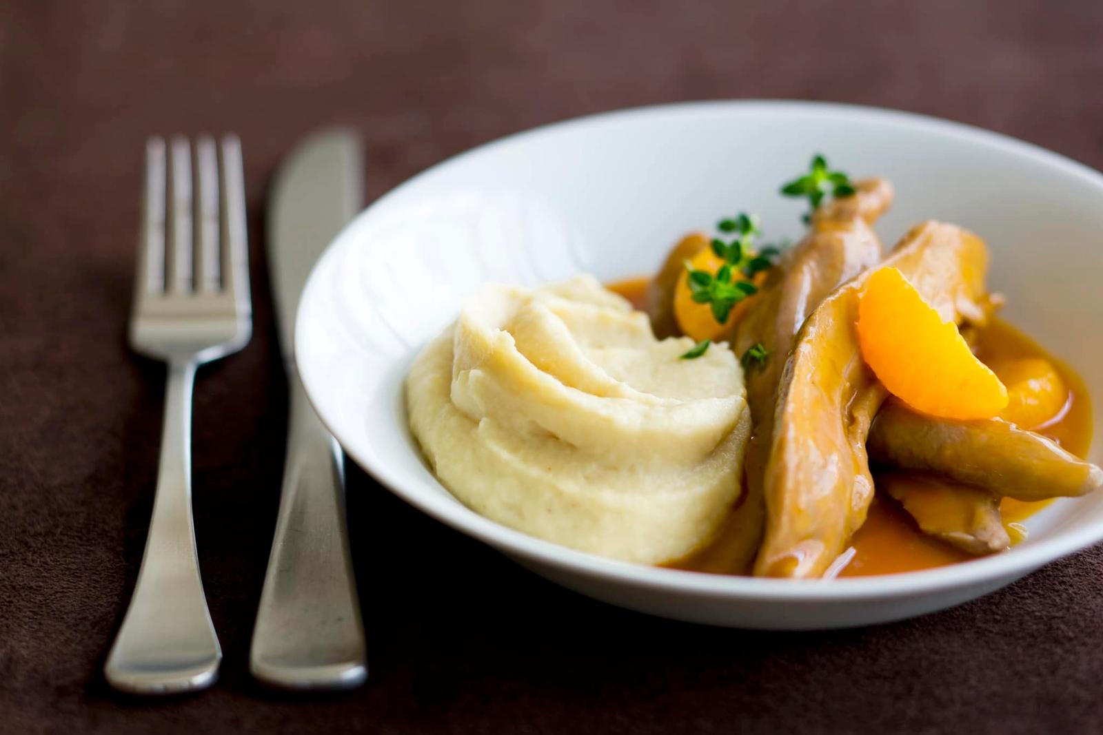 Aiguillettes de canard à la mandarine et purée de pommes de terre