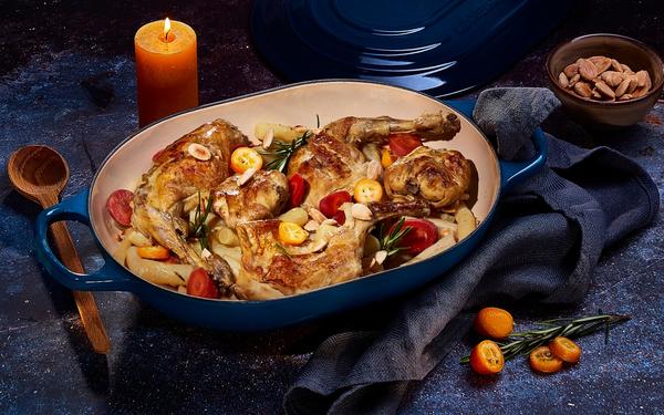 Cocotte de lapin aux salsifis, kumquats et amandes torréfiées