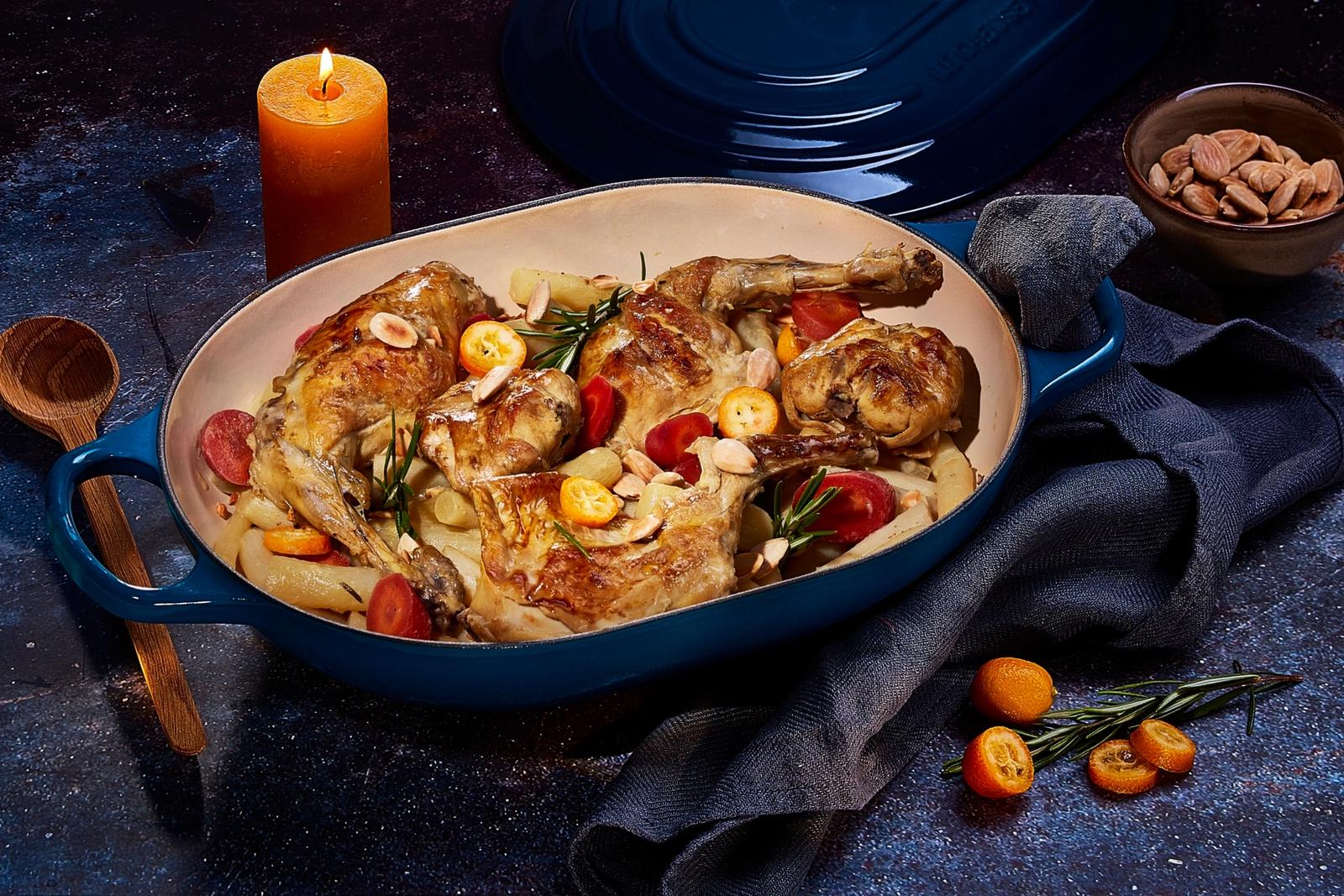 Cocotte de lapin aux salsifis, kumquats et amandes torréfiées