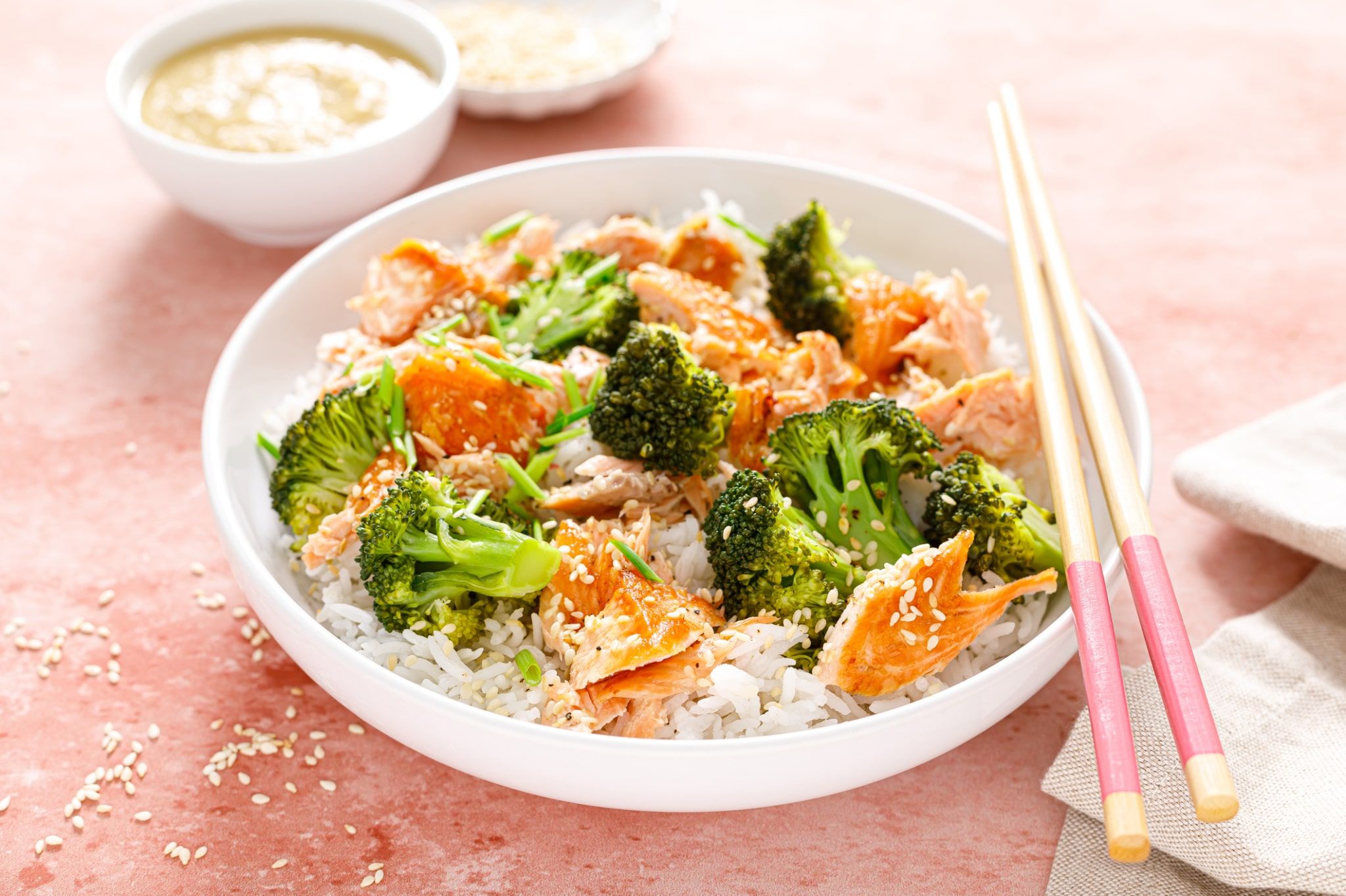 Recette riz au brocolis et saumon sauce sésame