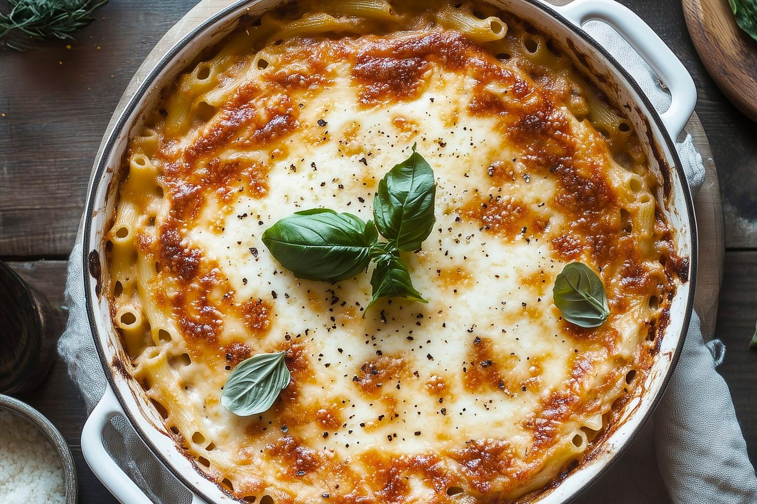 Gratin de macaronis à la mozzarella di bufala