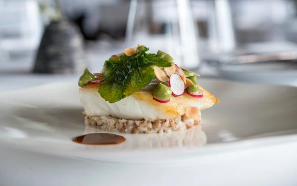 Pavé de turbot poêlé aux amandes, shiso, radis et raifort