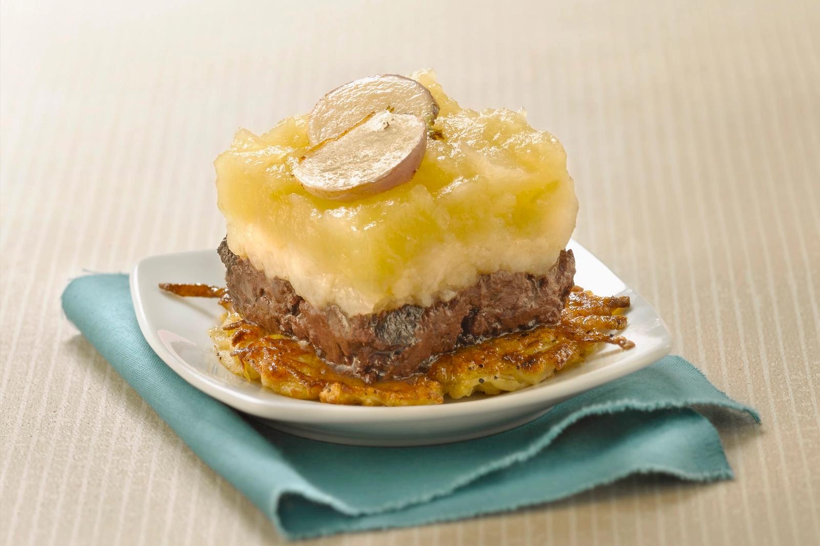 Parmentier de boudin aux deux purées et rösti de pomme de terre