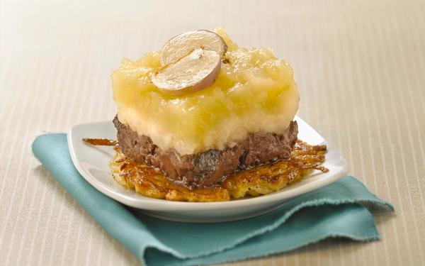 Parmentier de boudin aux deux purées et rösti de pomme de terre