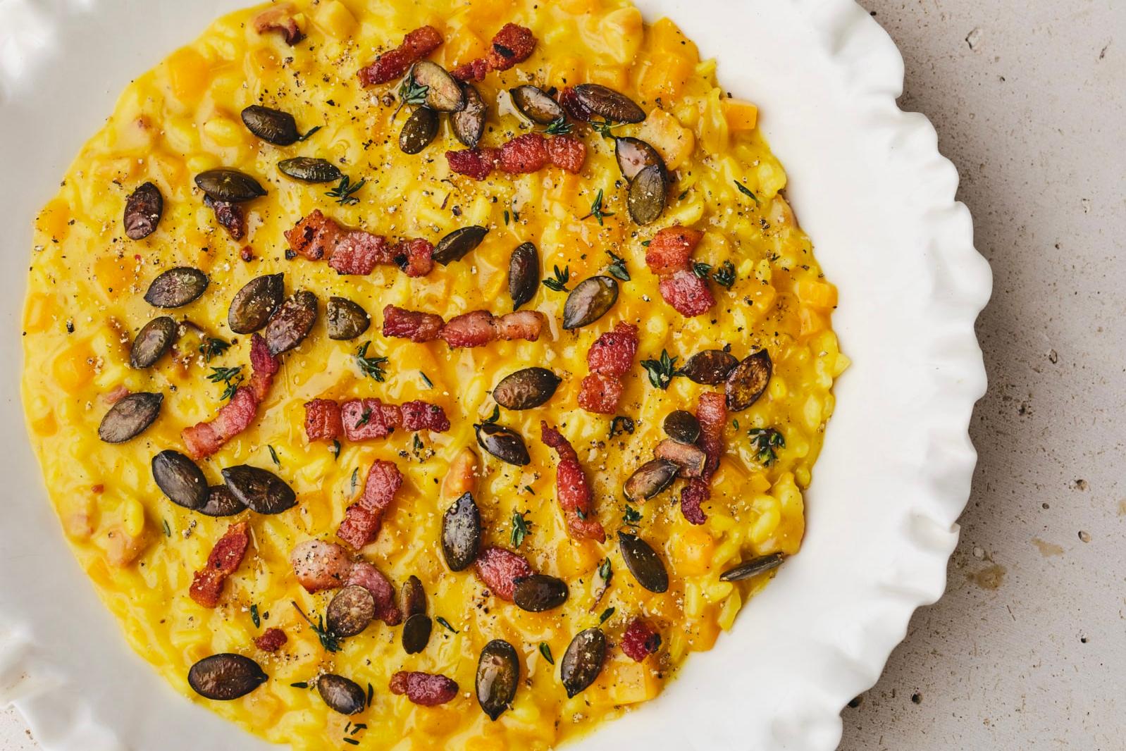 Risotto au butternut, lardons et graines de courge rôties