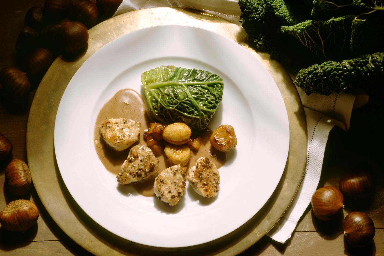 Lapins avec chou de Savoie et châtaignes