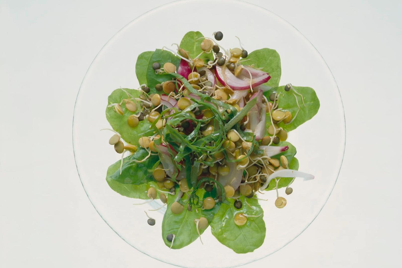 Salade de germes de lentilles aux oignons et petites feuilles d'épinards